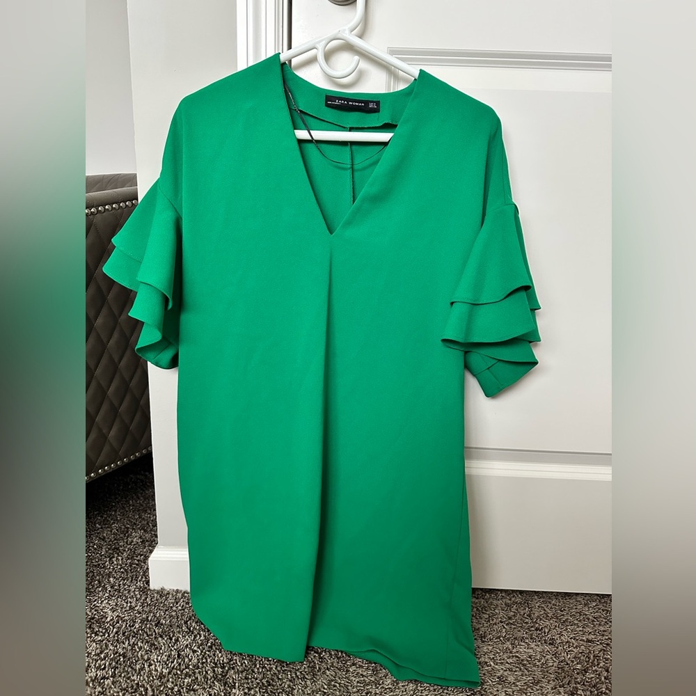 Zara Green Ruffle Sleeve mini Dress